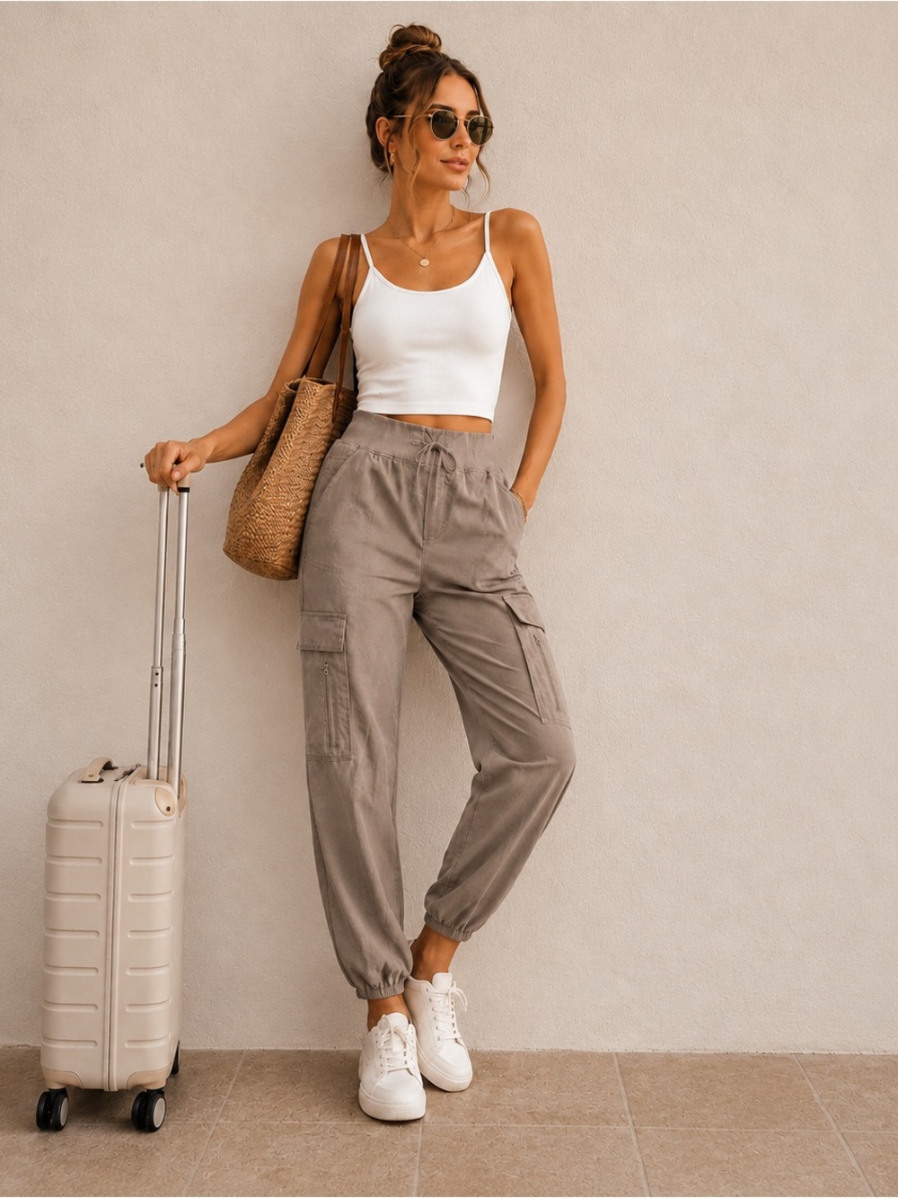 NWOT Taupe Cargo Joggers All in Motion XS Beige Stretch Travel Athleisure Pants
